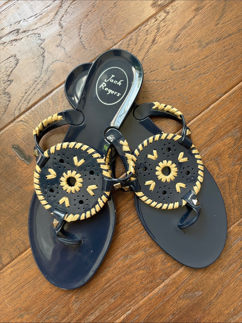 Jack Rogers Navy Sandals with gold Whipstitch Detail